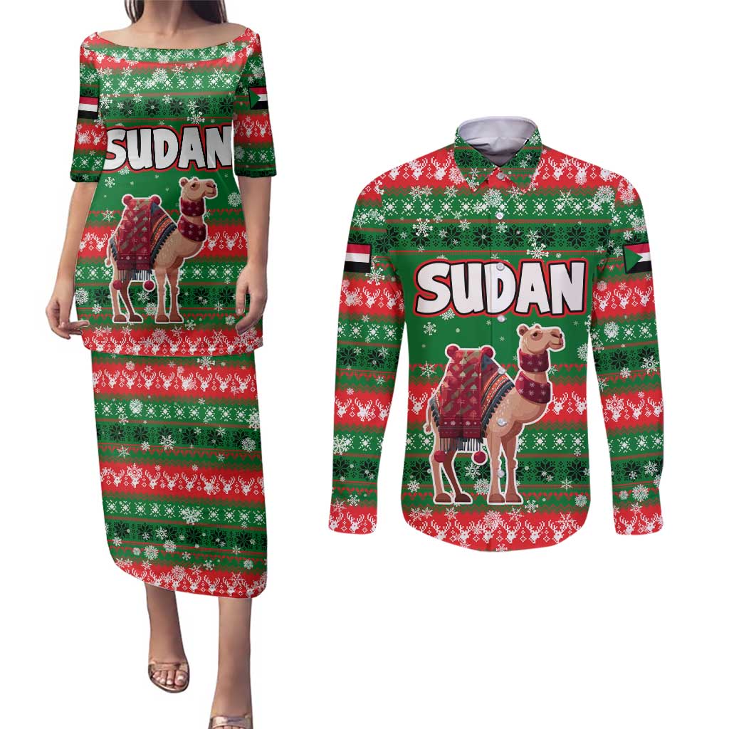 Sudan Christmas Couples Matching Puletasi and Long Sleeve Button Shirt with Green Red Xmas Camel Snowflake and Coat of Arms - Wonder Print Shop