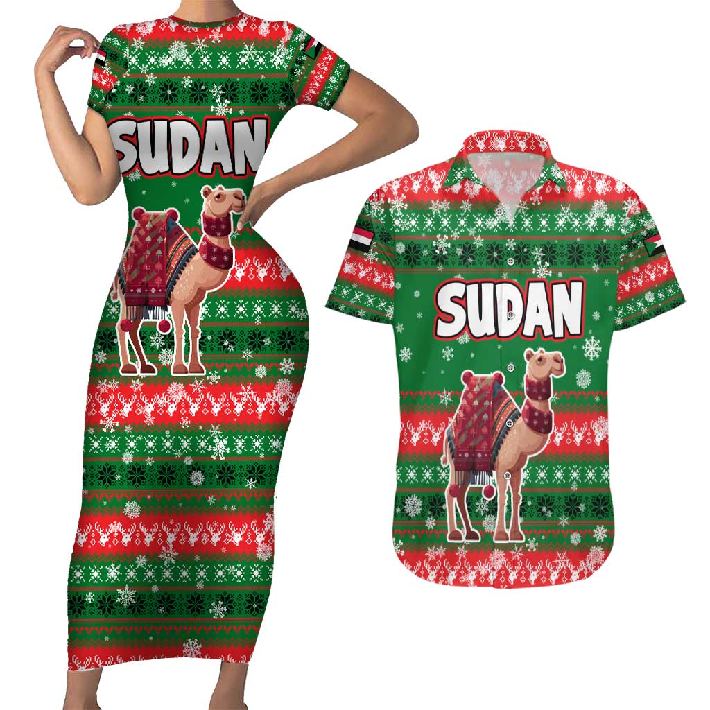 Sudan Christmas Couples Matching Short Sleeve Bodycon Dress and Hawaiian Shirt with Green Red Xmas Camel Snowflake and Coat of Arms - Wonder Print Shop