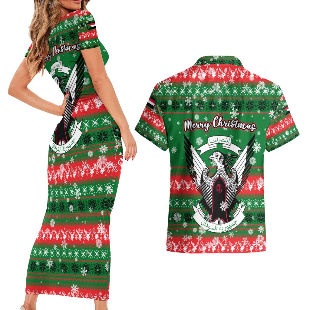 Sudan Christmas Couples Matching Short Sleeve Bodycon Dress and Hawaiian Shirt with Green Red Xmas Camel Snowflake and Coat of Arms - Wonder Print Shop