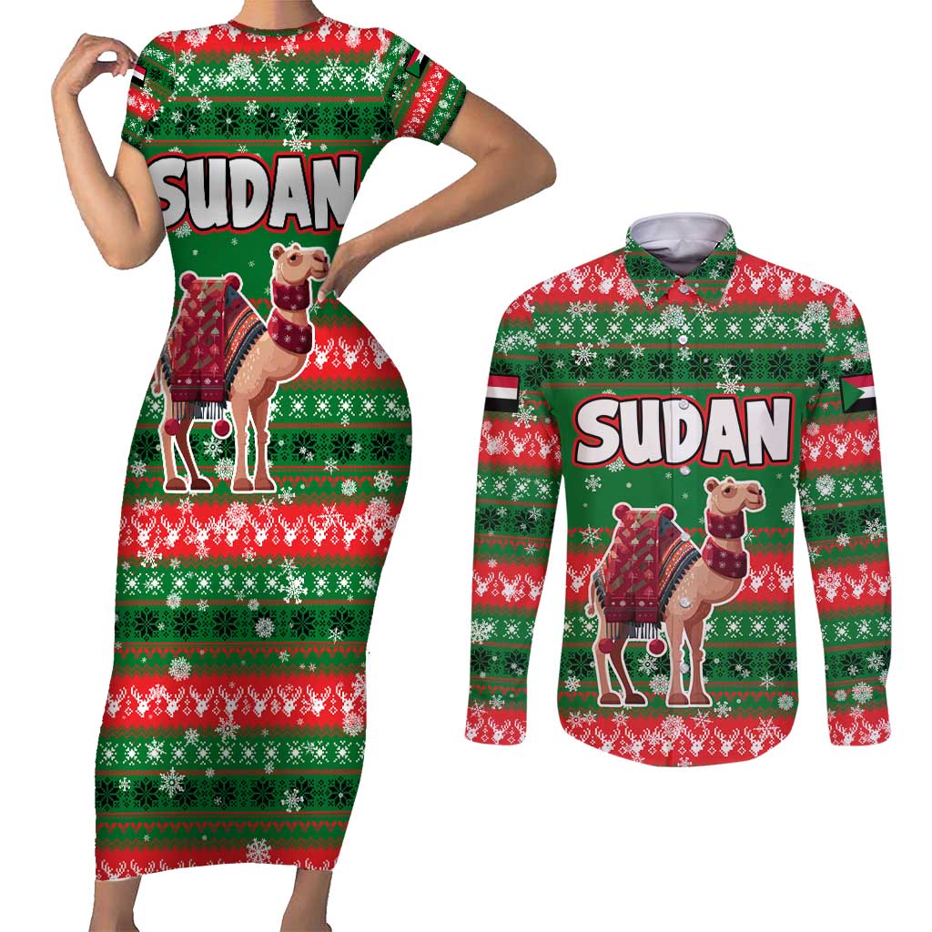 Sudan Christmas Couples Matching Short Sleeve Bodycon Dress and Long Sleeve Button Shirt with Green Red Xmas Camel Snowflake and Coat of Arms - Wonder Print Shop