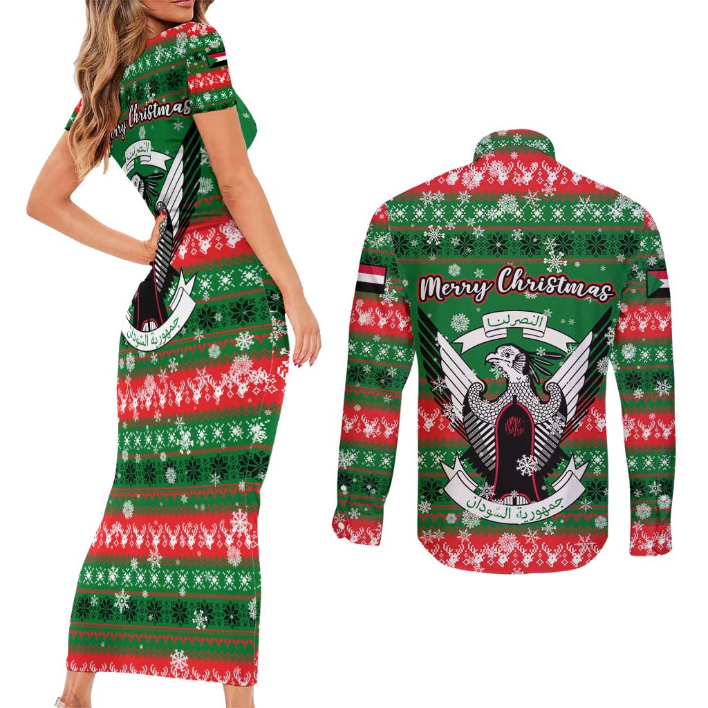 Sudan Christmas Couples Matching Short Sleeve Bodycon Dress and Long Sleeve Button Shirt with Green Red Xmas Camel Snowflake and Coat of Arms - Wonder Print Shop