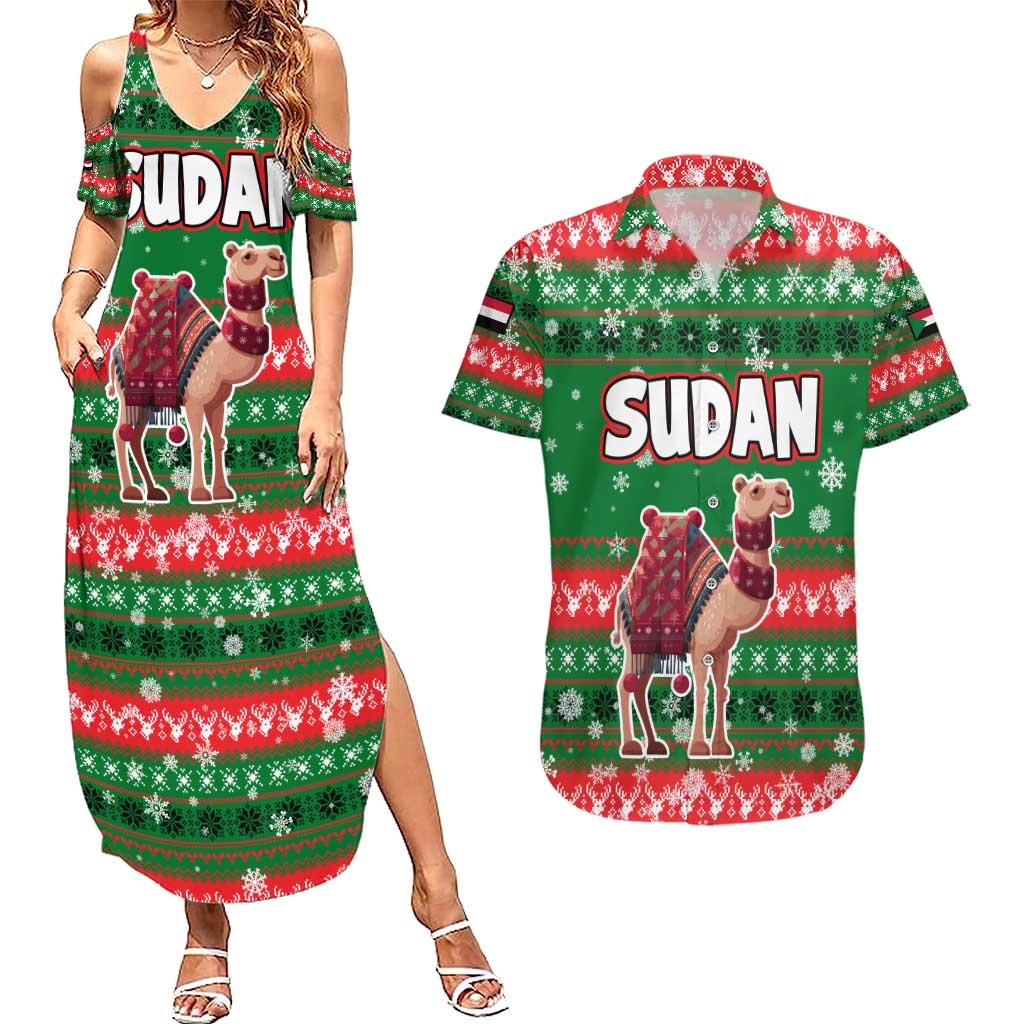 Sudan Christmas Couples Matching Summer Maxi Dress and Hawaiian Shirt with Green Red Xmas Camel Snowflake and Coat of Arms - Wonder Print Shop