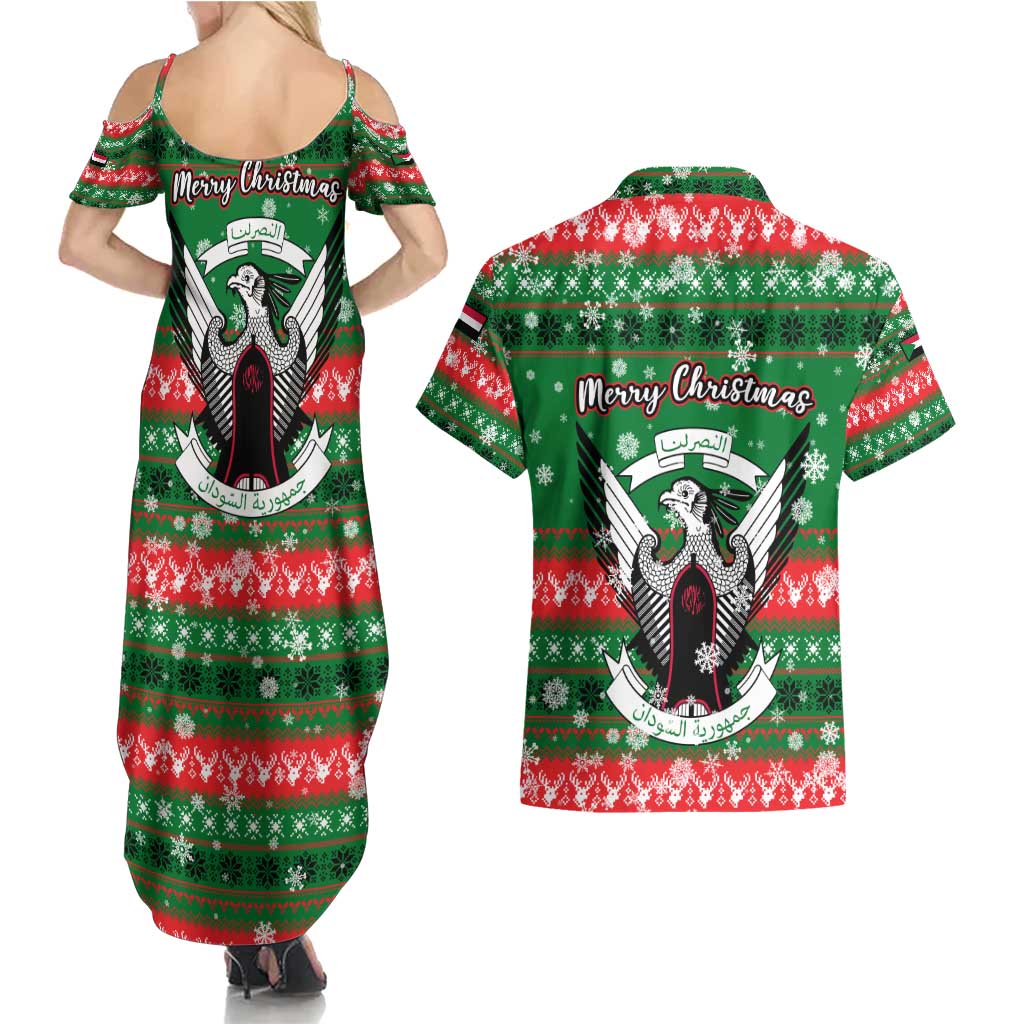 Sudan Christmas Couples Matching Summer Maxi Dress and Hawaiian Shirt with Green Red Xmas Camel Snowflake and Coat of Arms - Wonder Print Shop