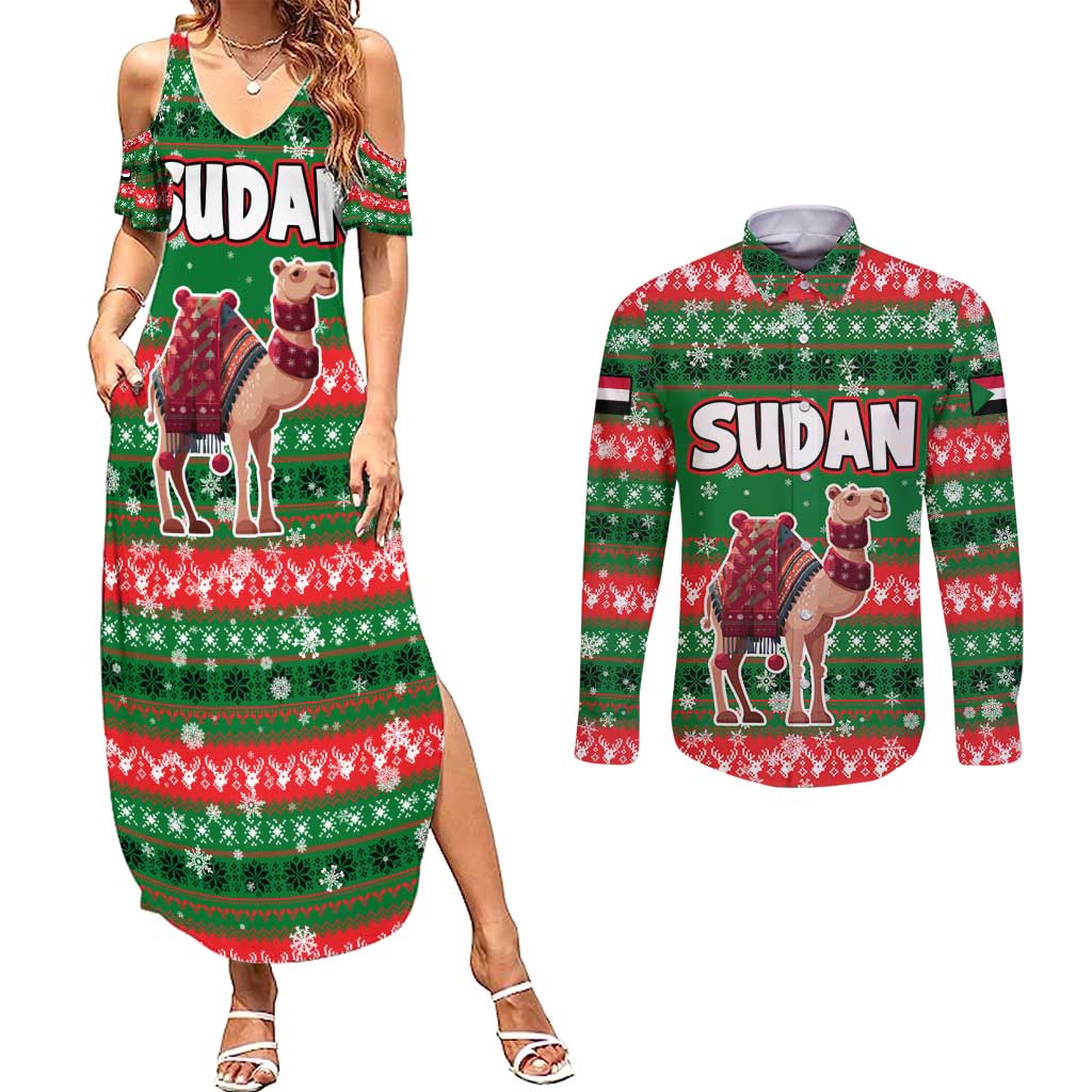 Sudan Christmas Couples Matching Summer Maxi Dress and Long Sleeve Button Shirt with Green Red Xmas Camel Snowflake and Coat of Arms - Wonder Print Shop