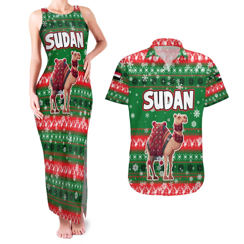Sudan Christmas Couples Matching Tank Maxi Dress and Hawaiian Shirt with Green Red Xmas Camel Snowflake and Coat of Arms - Wonder Print Shop