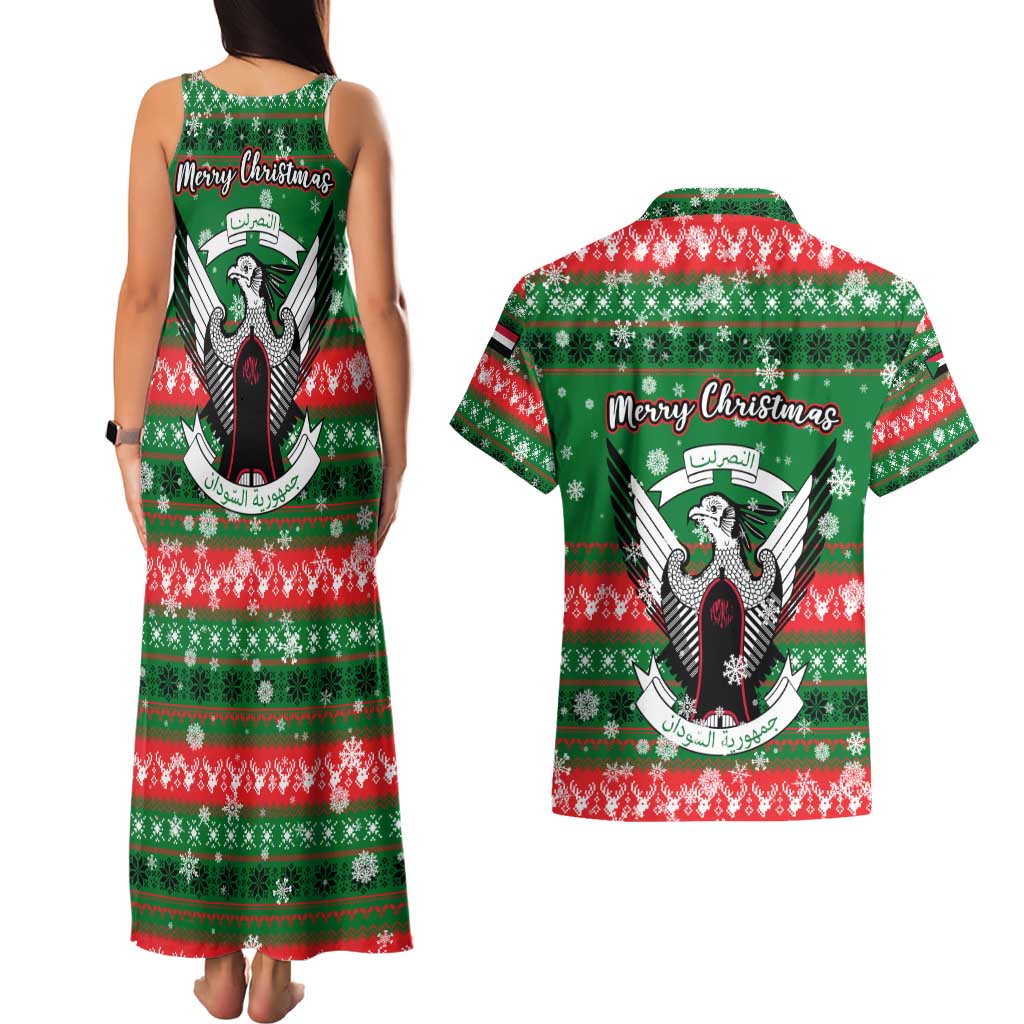 Sudan Christmas Couples Matching Tank Maxi Dress and Hawaiian Shirt with Green Red Xmas Camel Snowflake and Coat of Arms - Wonder Print Shop
