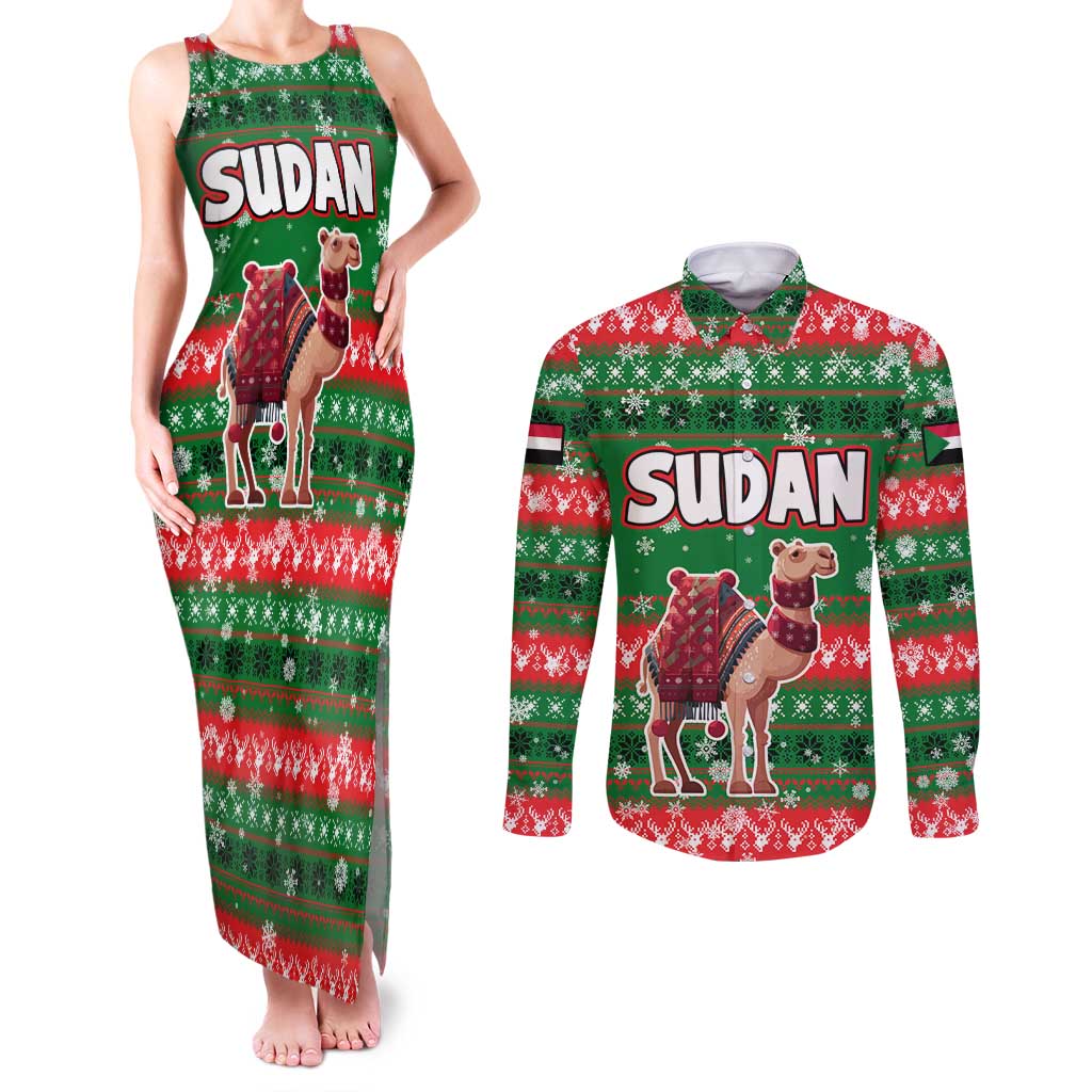 Sudan Christmas Couples Matching Tank Maxi Dress and Long Sleeve Button Shirt with Green Red Xmas Camel Snowflake and Coat of Arms - Wonder Print Shop