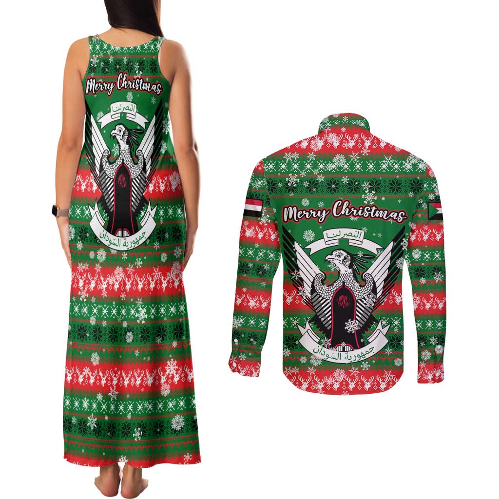 Sudan Christmas Couples Matching Tank Maxi Dress and Long Sleeve Button Shirt with Green Red Xmas Camel Snowflake and Coat of Arms - Wonder Print Shop