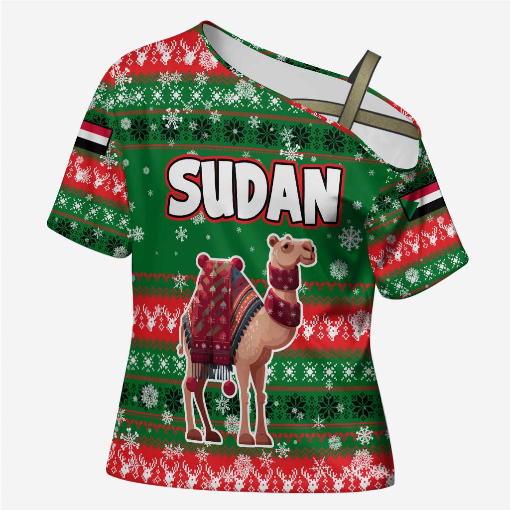 Sudan Christmas Cross Shoulder Shirt with Green Red Xmas Camel Snowflake and Coat of Arms - Wonder Print Shop