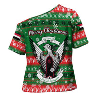 Sudan Christmas Cross Shoulder Shirt with Green Red Xmas Camel Snowflake and Coat of Arms - Wonder Print Shop