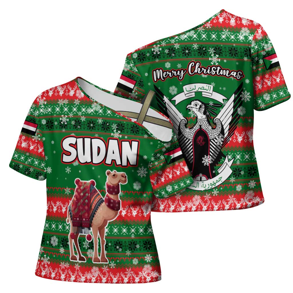 Sudan Christmas Cross Shoulder Shirt with Green Red Xmas Camel Snowflake and Coat of Arms - Wonder Print Shop
