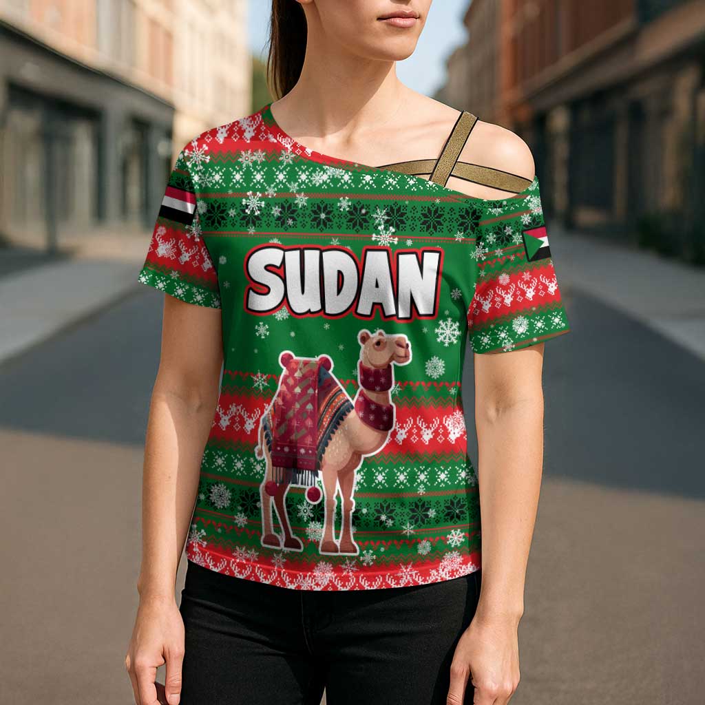 Sudan Christmas Cross Shoulder Shirt with Green Red Xmas Camel Snowflake and Coat of Arms - Wonder Print Shop