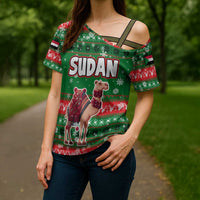 Sudan Christmas Cross Shoulder Shirt with Green Red Xmas Camel Snowflake and Coat of Arms - Wonder Print Shop