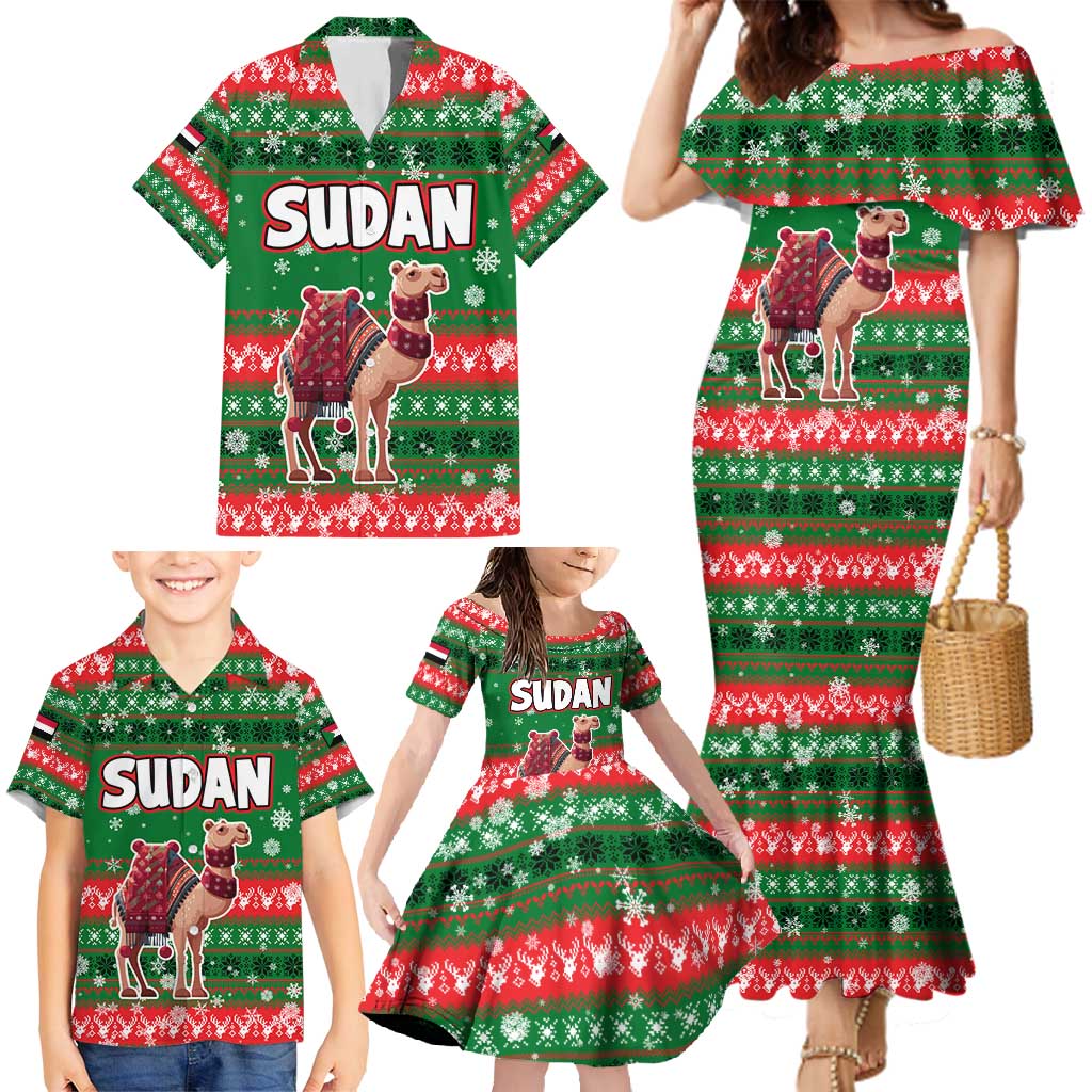 Sudan Christmas Family Matching Mermaid Dress and Hawaiian Shirt with Green Red Xmas Camel Snowflake and Coat of Arms - Wonder Print Shop