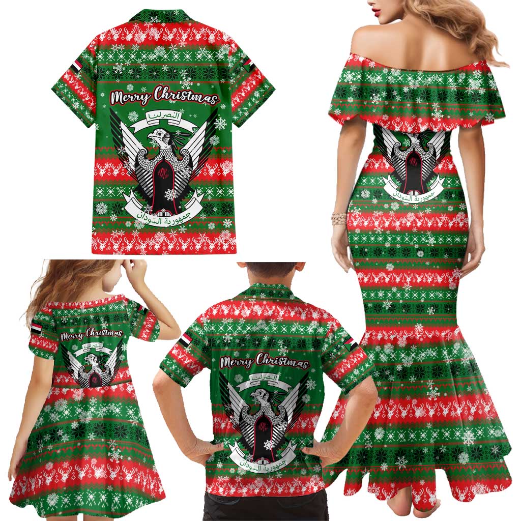 Sudan Christmas Family Matching Mermaid Dress and Hawaiian Shirt with Green Red Xmas Camel Snowflake and Coat of Arms - Wonder Print Shop