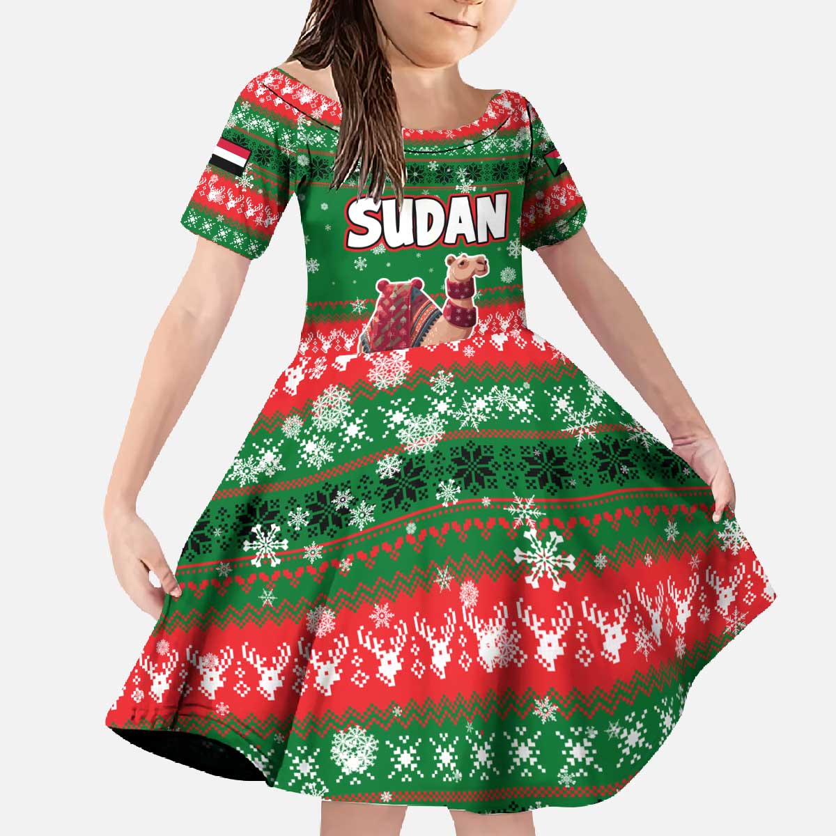 Sudan Christmas Family Matching Off The Shoulder Long Sleeve Dress and Hawaiian Shirt with Green Red Xmas Camel Snowflake and Coat of Arms - Wonder Print Shop
