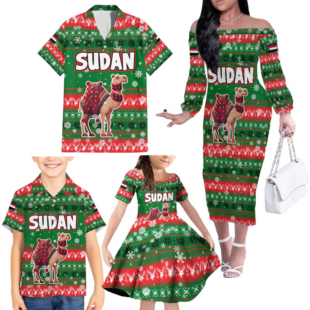 Sudan Christmas Family Matching Off The Shoulder Long Sleeve Dress and Hawaiian Shirt with Green Red Xmas Camel Snowflake and Coat of Arms - Wonder Print Shop