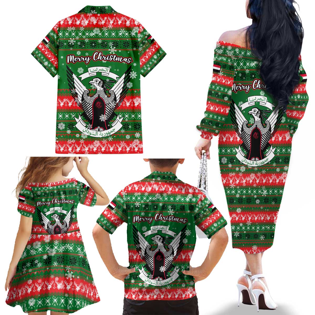 Sudan Christmas Family Matching Off The Shoulder Long Sleeve Dress and Hawaiian Shirt with Green Red Xmas Camel Snowflake and Coat of Arms - Wonder Print Shop
