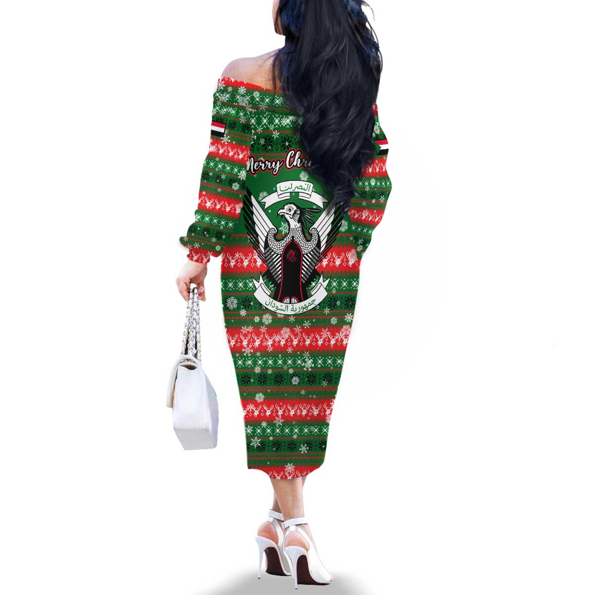Sudan Christmas Family Matching Off The Shoulder Long Sleeve Dress and Hawaiian Shirt with Green Red Xmas Camel Snowflake and Coat of Arms - Wonder Print Shop