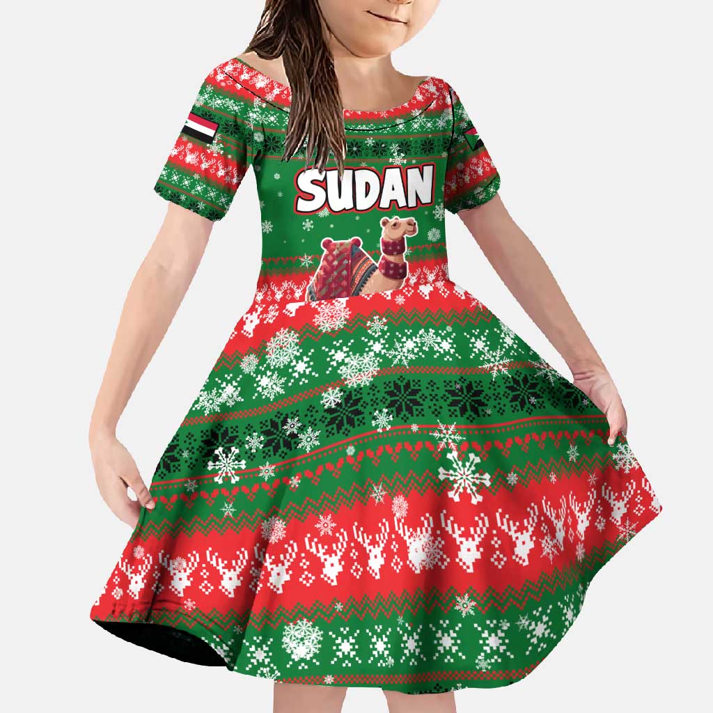 Sudan Christmas Family Matching Off Shoulder Maxi Dress and Hawaiian Shirt with Green Red Xmas Camel Snowflake and Coat of Arms - Wonder Print Shop