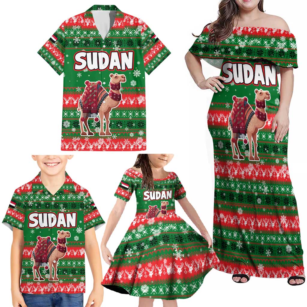 Sudan Christmas Family Matching Off Shoulder Maxi Dress and Hawaiian Shirt with Green Red Xmas Camel Snowflake and Coat of Arms - Wonder Print Shop