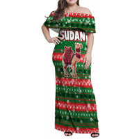 Sudan Christmas Family Matching Off Shoulder Maxi Dress and Hawaiian Shirt with Green Red Xmas Camel Snowflake and Coat of Arms - Wonder Print Shop