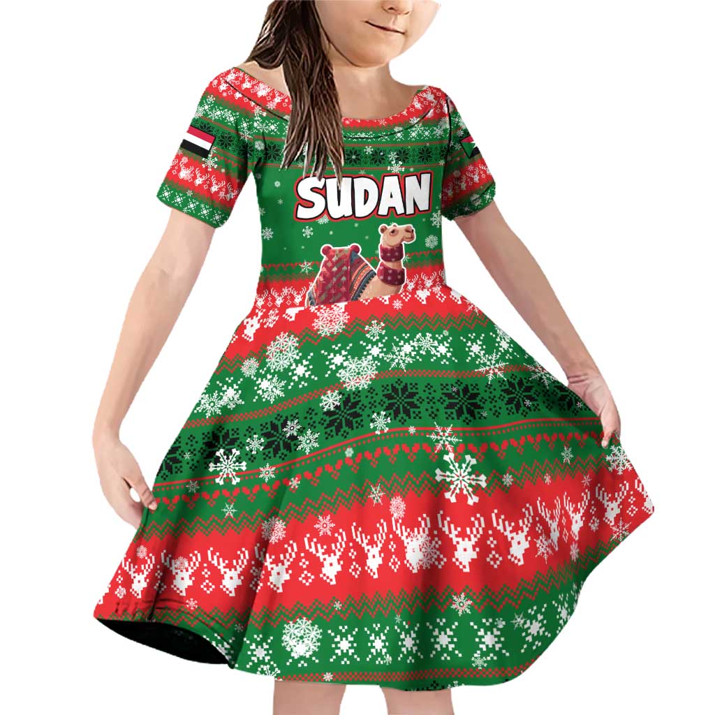 Sudan Christmas Family Matching Off Shoulder Short Dress and Hawaiian Shirt with Green Red Xmas Camel Snowflake and Coat of Arms - Wonder Print Shop
