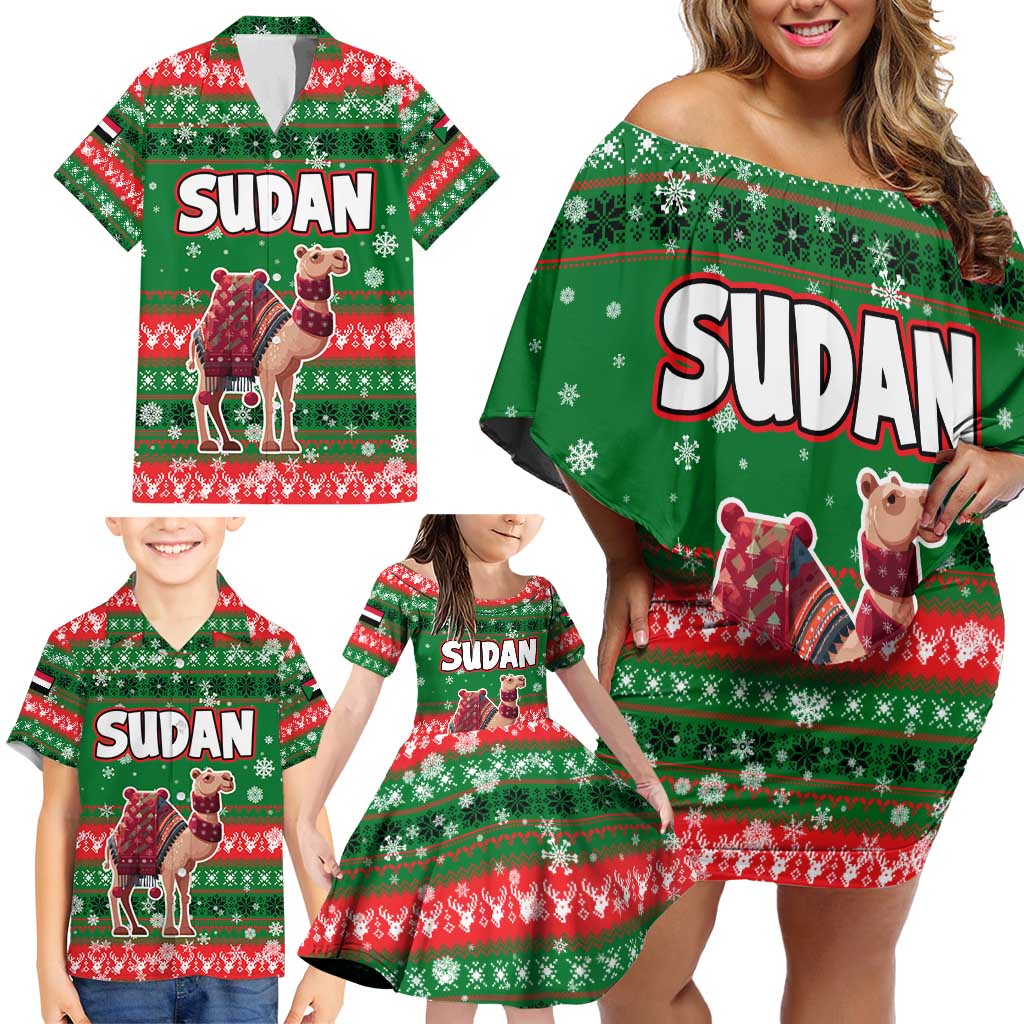 Sudan Christmas Family Matching Off Shoulder Short Dress and Hawaiian Shirt with Green Red Xmas Camel Snowflake and Coat of Arms - Wonder Print Shop