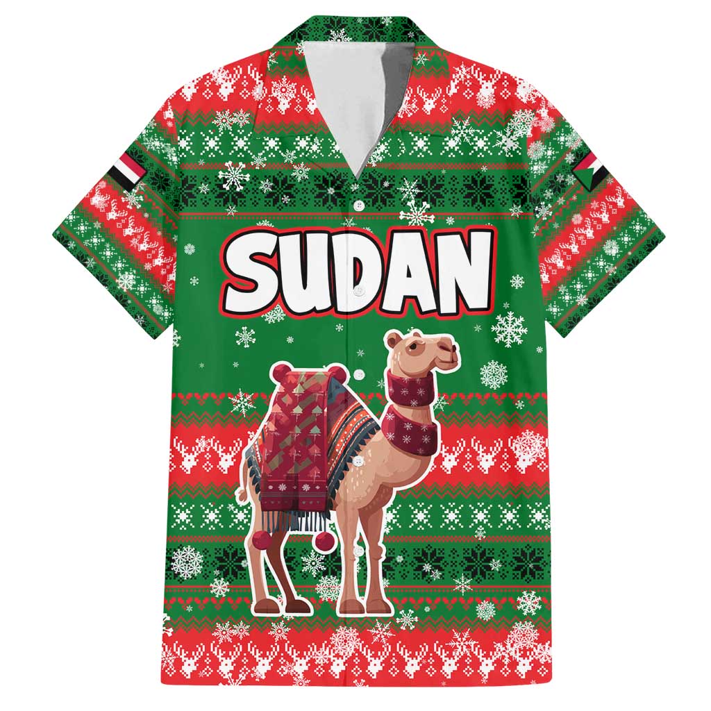 Sudan Christmas Family Matching Off Shoulder Short Dress and Hawaiian Shirt with Green Red Xmas Camel Snowflake and Coat of Arms - Wonder Print Shop