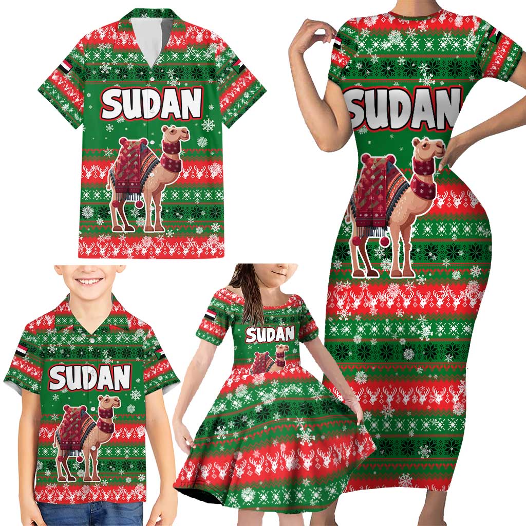 Sudan Christmas Family Matching Short Sleeve Bodycon Dress and Hawaiian Shirt with Green Red Xmas Camel Snowflake and Coat of Arms - Wonder Print Shop