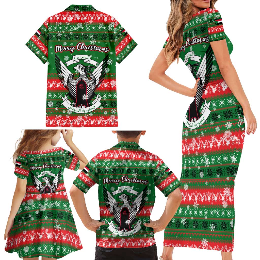 Sudan Christmas Family Matching Short Sleeve Bodycon Dress and Hawaiian Shirt with Green Red Xmas Camel Snowflake and Coat of Arms - Wonder Print Shop