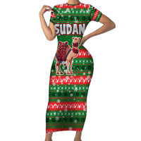 Sudan Christmas Family Matching Short Sleeve Bodycon Dress and Hawaiian Shirt with Green Red Xmas Camel Snowflake and Coat of Arms - Wonder Print Shop