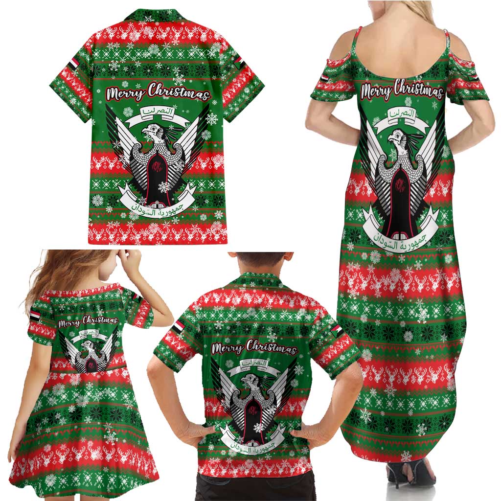 Sudan Christmas Family Matching Summer Maxi Dress and Hawaiian Shirt with Green Red Xmas Camel Snowflake and Coat of Arms - Wonder Print Shop