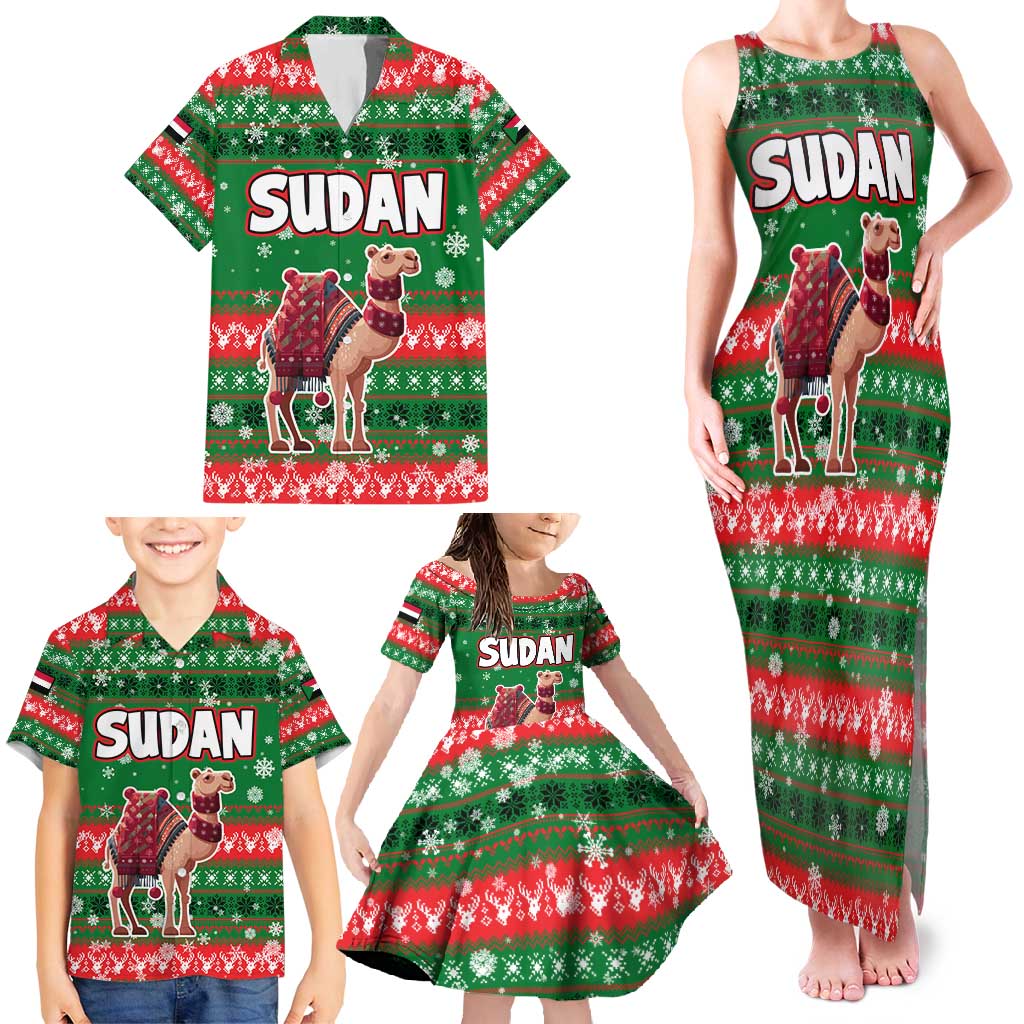 Sudan Christmas Family Matching Tank Maxi Dress and Hawaiian Shirt with Green Red Xmas Camel Snowflake and Coat of Arms - Wonder Print Shop