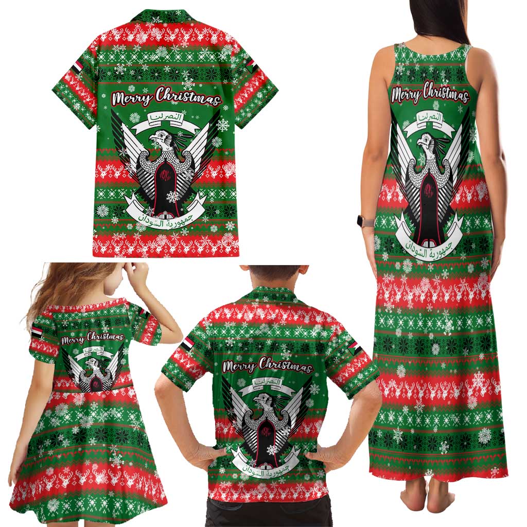 Sudan Christmas Family Matching Tank Maxi Dress and Hawaiian Shirt with Green Red Xmas Camel Snowflake and Coat of Arms - Wonder Print Shop