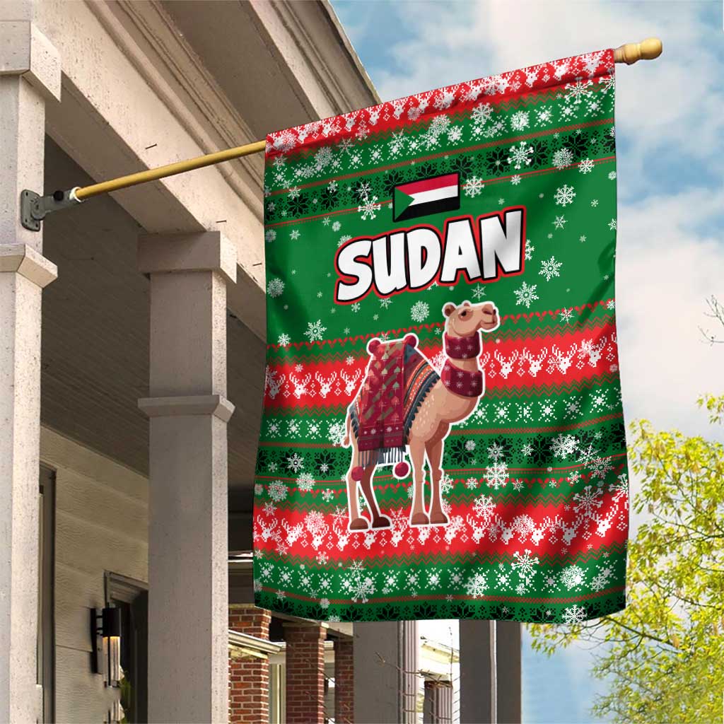 Sudan Christmas Garden Flag with Green Red Xmas Camel Snowflake and Coat of Arms - Wonder Print Shop