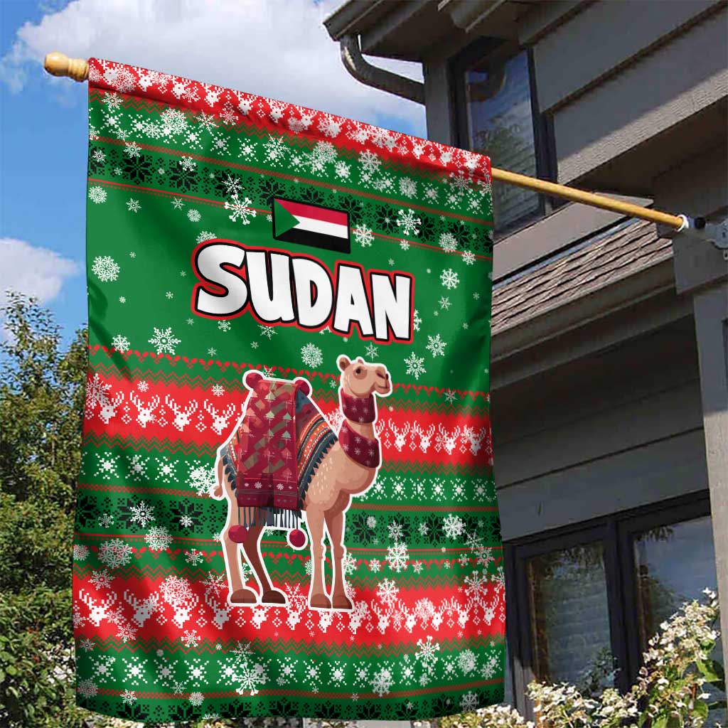 Sudan Christmas Garden Flag with Green Red Xmas Camel Snowflake and Coat of Arms - Wonder Print Shop