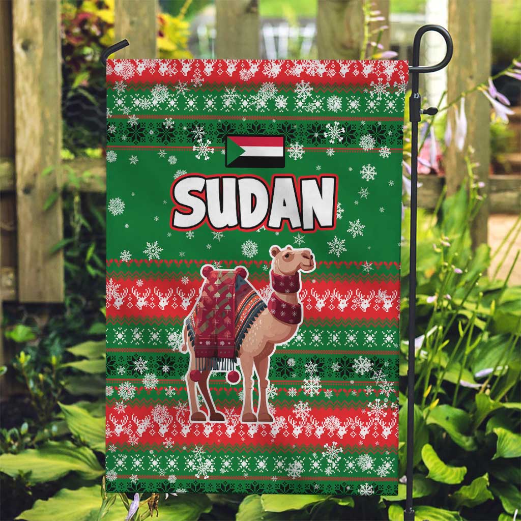 Sudan Christmas Garden Flag with Green Red Xmas Camel Snowflake and Coat of Arms - Wonder Print Shop