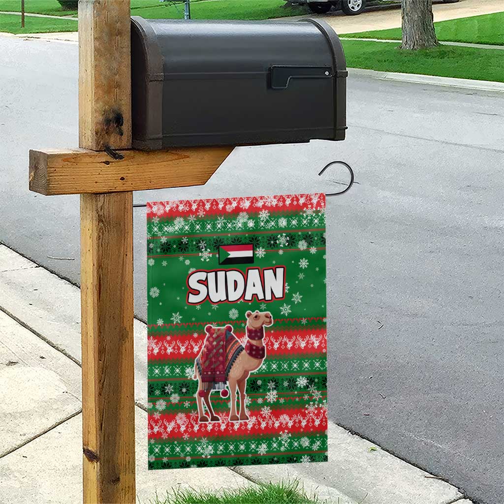 Sudan Christmas Garden Flag with Green Red Xmas Camel Snowflake and Coat of Arms - Wonder Print Shop