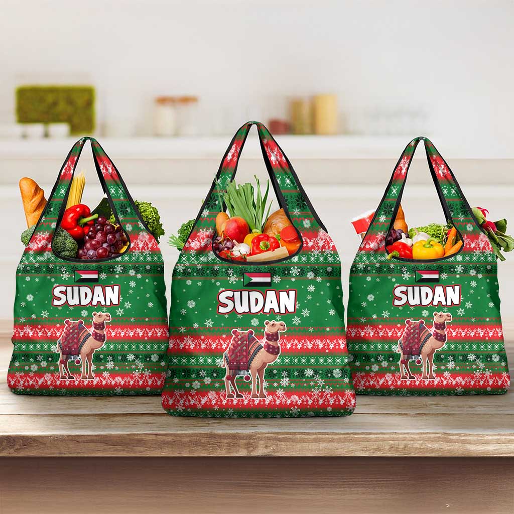 Sudan Christmas Grocery Bag with Green Red Xmas Camel Snowflake and Coat of Arms - Wonder Print Shop