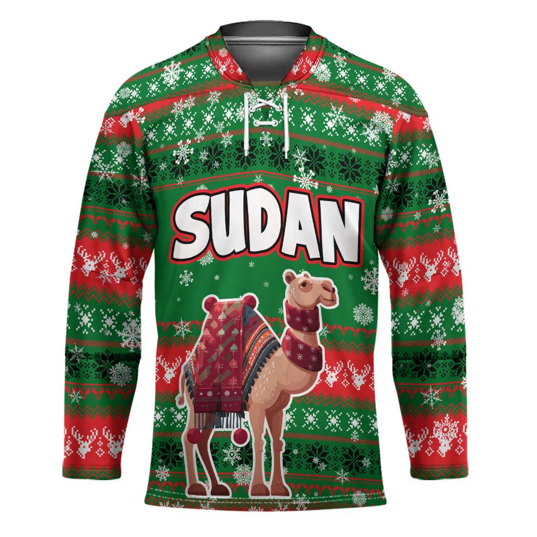 Sudan Christmas Hockey Jersey with Green Red Xmas Camel Snowflake and Coat of Arms - Wonder Print Shop