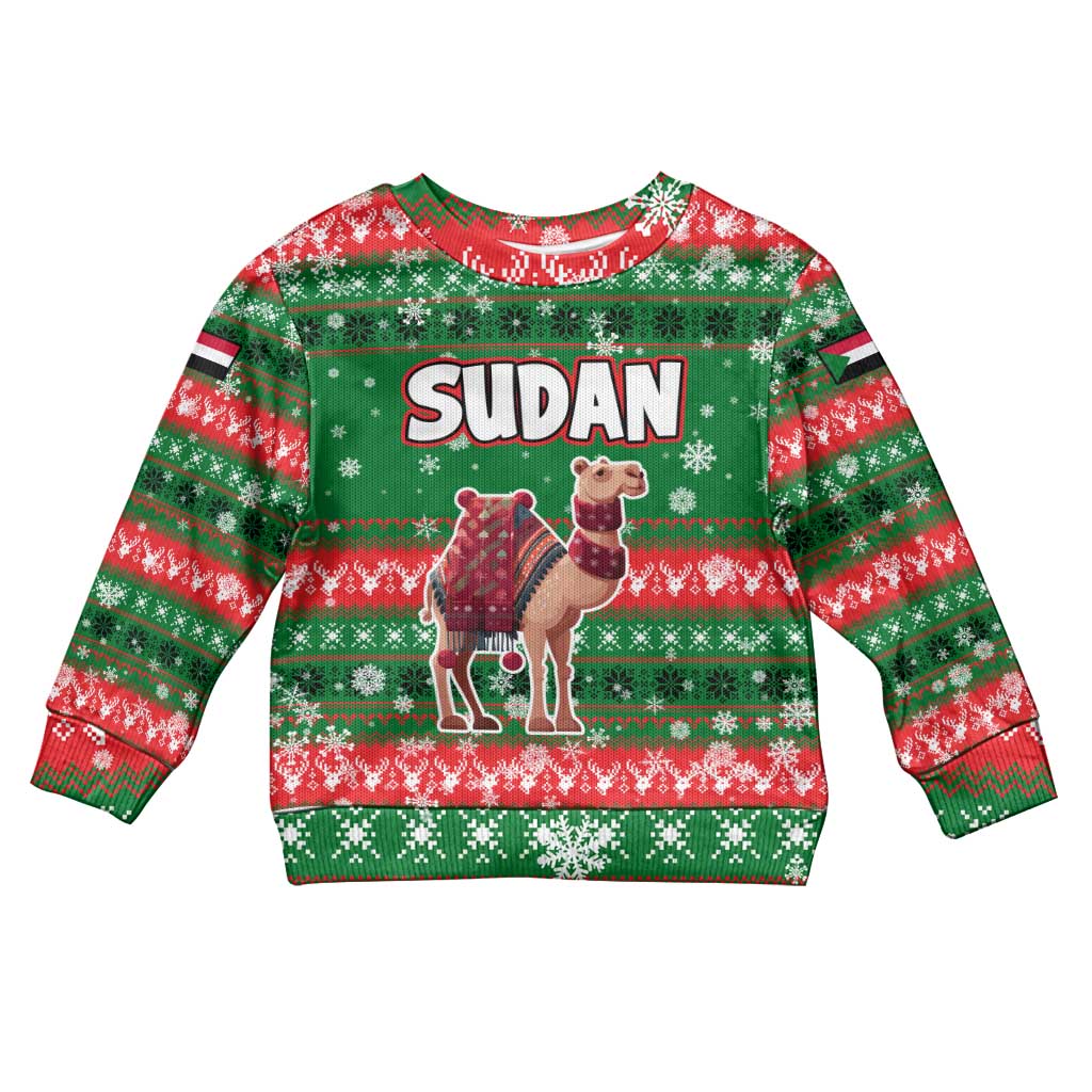 Sudan Christmas Kid Ugly Christmas Sweater with Green Red Xmas Camel Snowflake and Coat of Arms - Wonder Print Shop