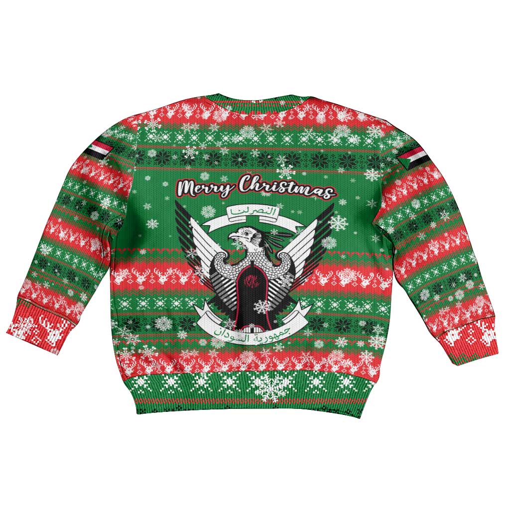 Sudan Christmas Kid Ugly Christmas Sweater with Green Red Xmas Camel Snowflake and Coat of Arms - Wonder Print Shop