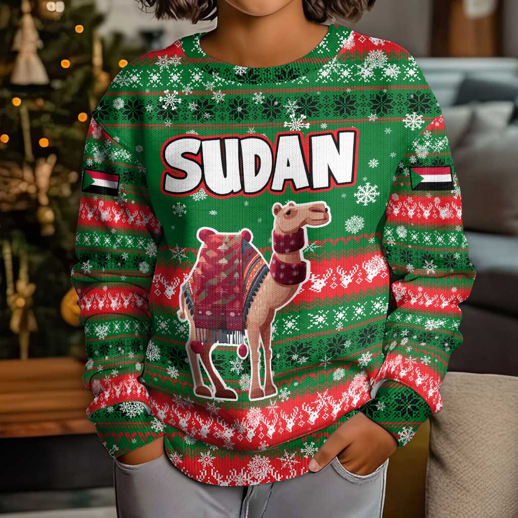 Sudan Christmas Kid Ugly Christmas Sweater with Green Red Xmas Camel Snowflake and Coat of Arms - Wonder Print Shop