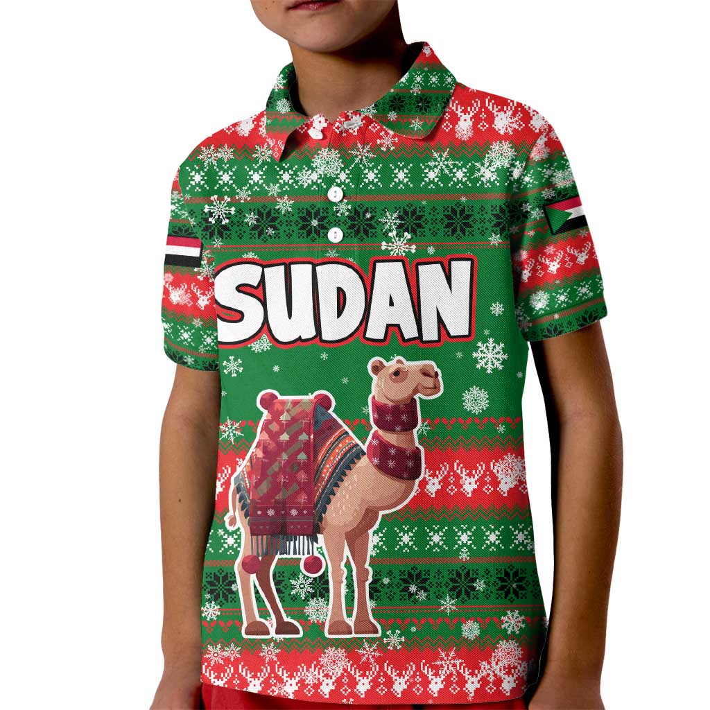 Sudan Christmas Kid Polo Shirt with Green Red Xmas Camel Snowflake and Coat of Arms - Wonder Print Shop