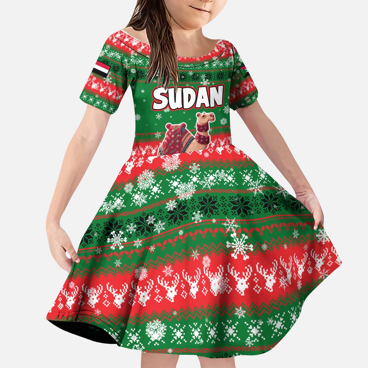 Sudan Christmas Kid Short Sleeve Dress with Green Red Xmas Camel Snowflake and Coat of Arms - Wonder Print Shop