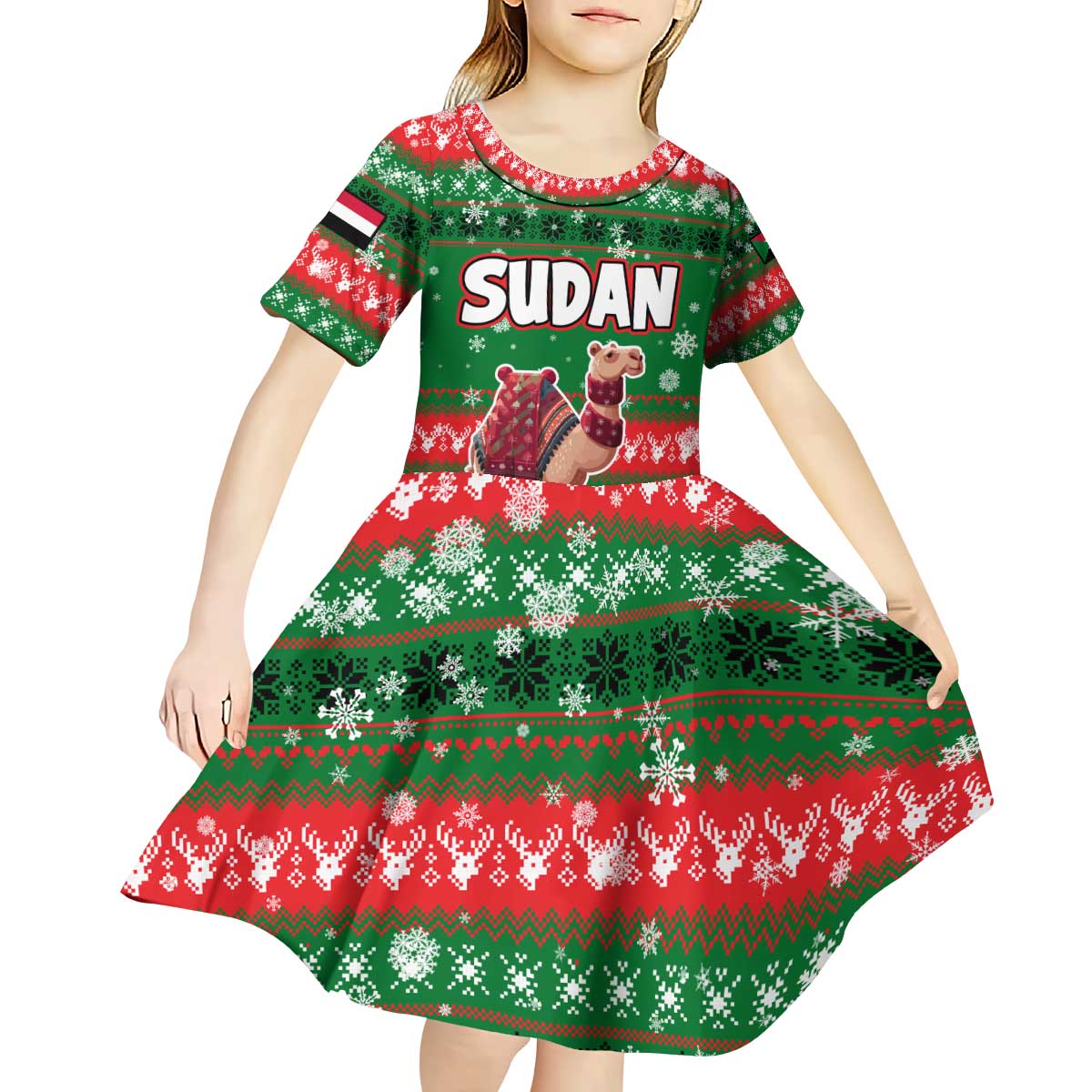 Sudan Christmas Kid Short Sleeve Dress with Green Red Xmas Camel Snowflake and Coat of Arms - Wonder Print Shop