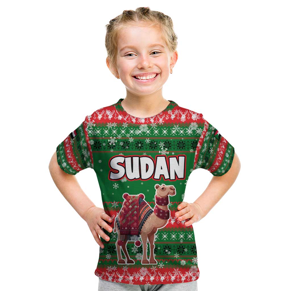 Sudan Christmas Kid T Shirt with Green Red Xmas Camel Snowflake and Coat of Arms - Wonder Print Shop