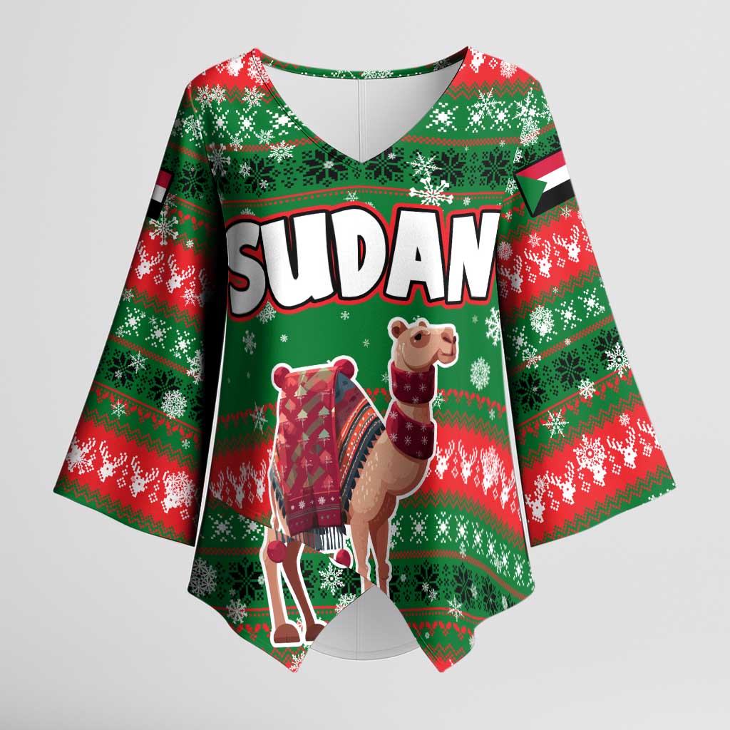 Sudan Christmas Kimono Sleeve Blouse with Green Red Xmas Camel Snowflake and Coat of Arms - Wonder Print Shop
