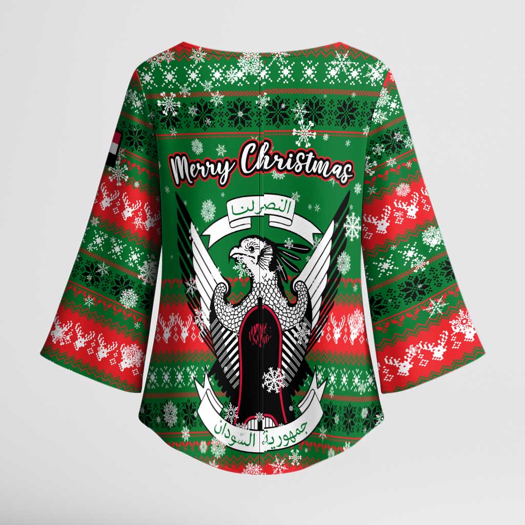 Sudan Christmas Kimono Sleeve Blouse with Green Red Xmas Camel Snowflake and Coat of Arms - Wonder Print Shop